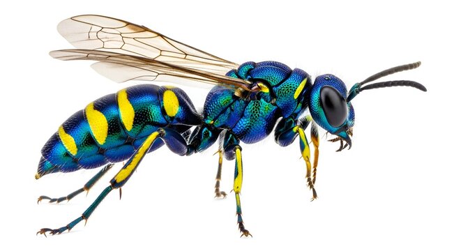 Iridescent jewel wasp with yellow abdominal stripes iridescent metallic wildlife entomology