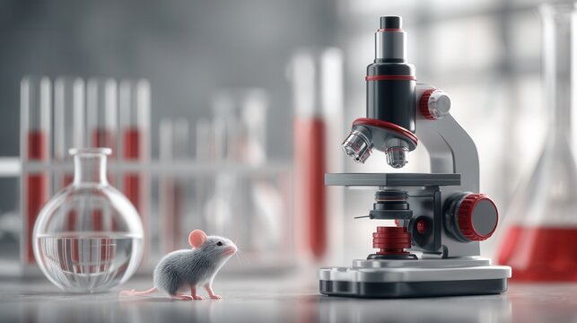 a photorealistic image displays a science laboratory setup. a black and silver microscope with red adjustment knobs is on the right