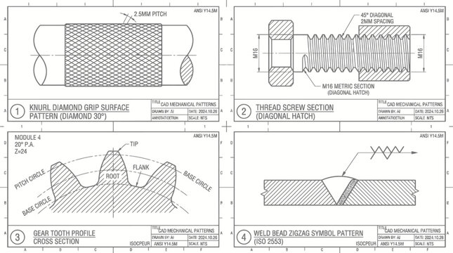 Engineering technical drawing showing various mechanical components and assembly details.