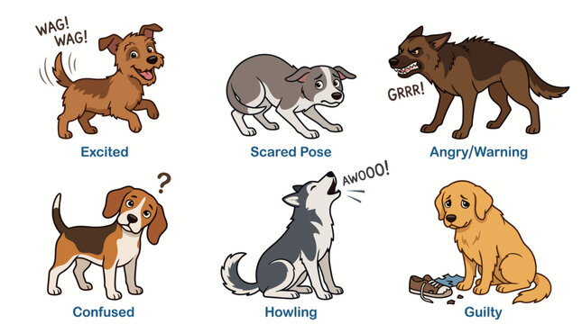 Set of cartoon dog expressions showing various emotions and behaviors.