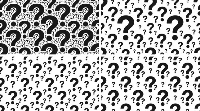 Set of four seamless patterns with black question marks on white background.