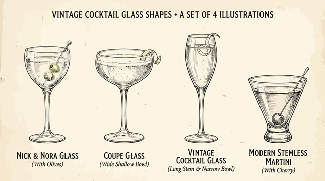 Set of four vintage cocktail glass illustrations with labels.