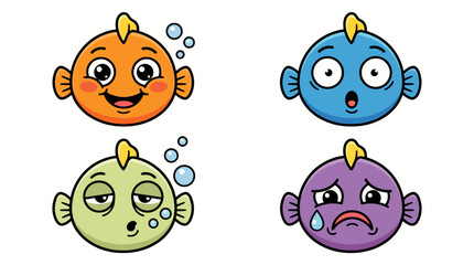Obraz premium Set of cute cartoon fish character with different facial expressions.