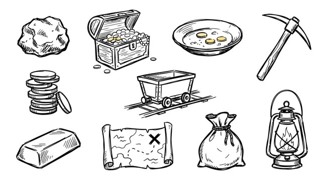 Set of hand drawn gold mining equipment and treasure elements.