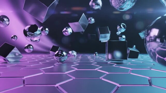 Abstract 3D animation featuring metallic cubes and reflective spheres moving over a glowing hexagonal floor.