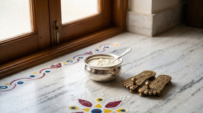 Krishna Janmashtami, A minimalist composition featuring a small silver bowl of butter (Makhan) next to a pair of tiny decorative brass Krishna footprints on a white marble floor