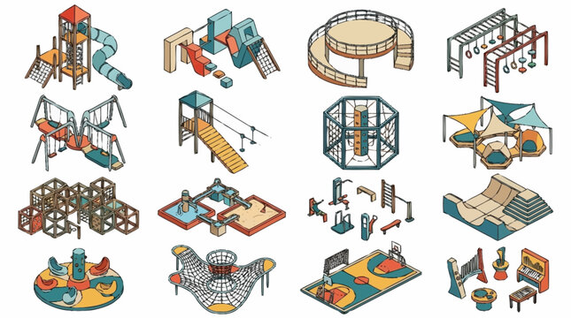 Collection of modern playground equipment and structures in isometric view.