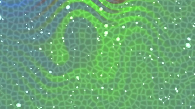 Abstract green cellular texture with wavy patterns and white bokeh dots.