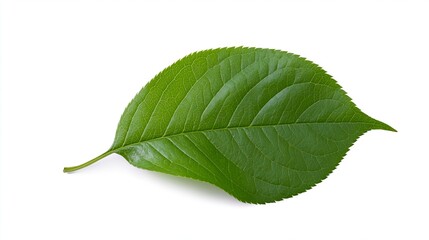 Fototapeta premium Single vibrant green cherry tree leaf with detailed veins isolated on white background