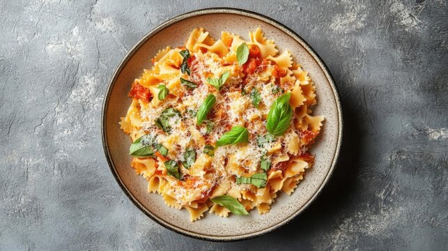 Overhead Farfalle Bowtie Pasta Dish with Tomato Basil and Parmesan