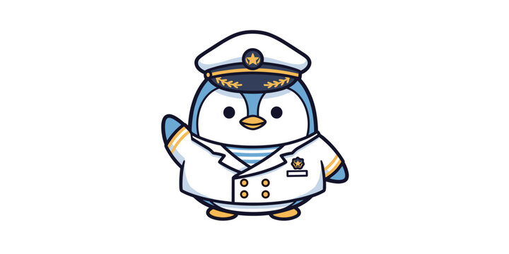 Cute penguin ship captain wearing a uniform vector character design with nautical character commander illustration adorable leadership navigation seafront profession official clothing