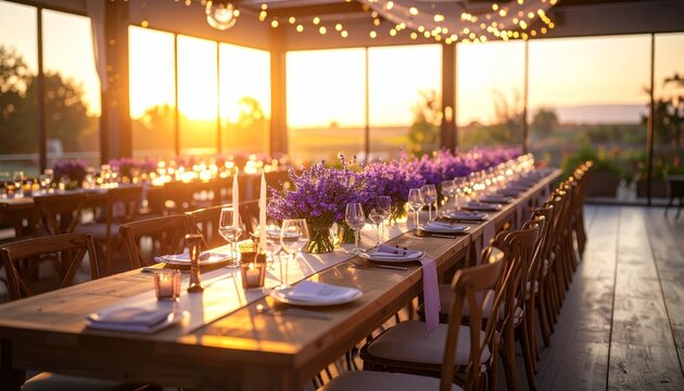 An empty elegant wedding table setting with dining furniture, glasses, and chairs stands ready for a banquet dinner party in a restaurant interior
