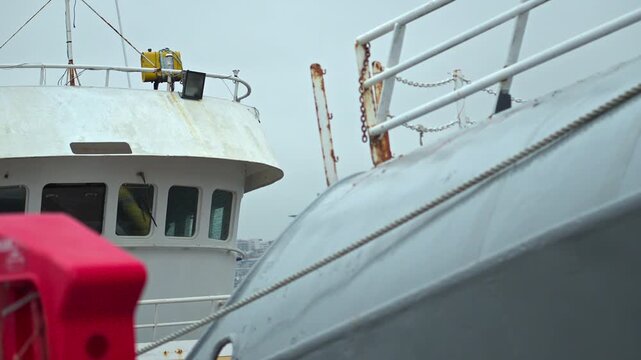 Fishing Trawler Bridge and Hull Detail, Commercial Maritime Vessel Architecture.