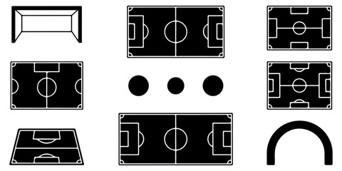 Soccer field marking elements collection with football pitch layouts, center circles, penalty areas, corner arcs and tactical diagram components © MSTROUJATOUS