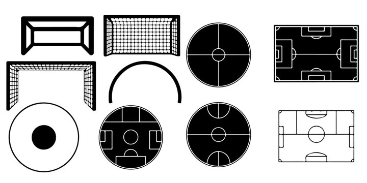 Soccer field marking elements collection with football pitch layouts, center circles, penalty areas, corner arcs and tactical diagram components