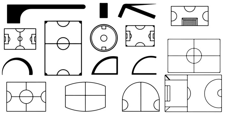 Soccer field marking elements collection with football pitch layouts, center circles, penalty areas, corner arcs and tactical diagram components