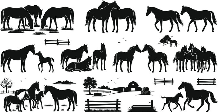 Horse Silhouette Vector Mega Set Featuring Domestic Farm Animals, Mares, Stallions, Foals, and Rural Barn Countryside Landscape Scene Layout Elements