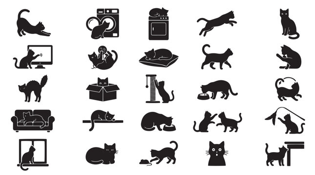A Collection of Flat Vector Icons Featuring Various Cat Behaviors and Everyday Feline Activities in Silhouette Style