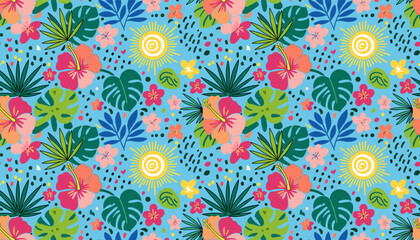 Vibrant tropical seamless pattern with hibiscus flowers, palm leaves, monstera leaves, and stylized suns on a light blue background. © Narutoab