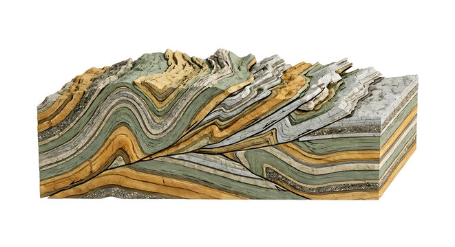 Detailed 3D Geological Cross-Section of a Fold-Thrust Belt, Suitable for Science Education, Isolated on a White Background