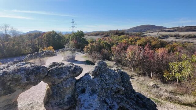Landscape with Rock formation The Stone Mushrooms near Beli plast village, Kardzhali Region, Bulgaria