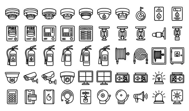 Fire protection and security outline icon collection with smoke detectors CCTV cameras extinguishers and alarm systems vector set