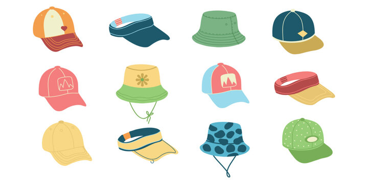 Various Summer Hats, Visors and Caps Vector Set. Headwear of different types. Hand Drawn Headwear Collection Isolated. Head wearing, clothes collection. 