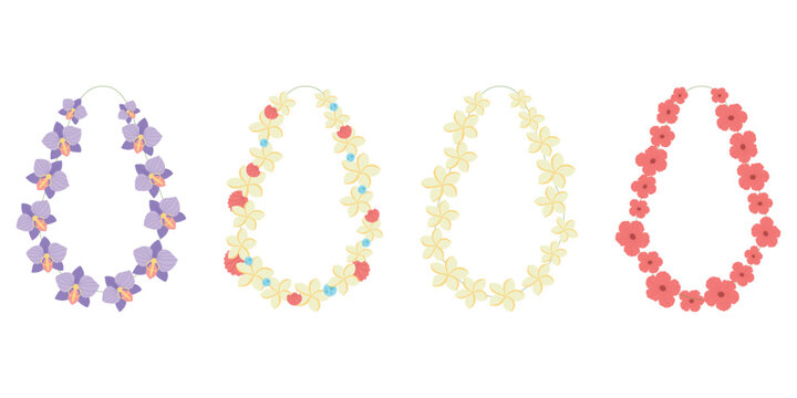 Pastel Floral Hawaiian Lei Vector Set. Hand Drawn Tropical Flower Garland Necklaces. Floral lei perfect for cards, designs, postcards, icons, etc