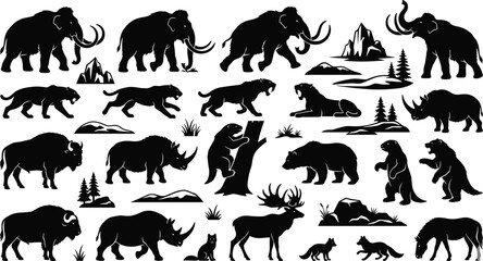Fototapeta premium Prehistoric Ice Age Animal Silhouette Vector Set Featuring Woolly Mammoths, Saber Toothed Tigers, Rhinoceros, Bison, Cave Bears, and Ancient Megafauna Landscape Elements
