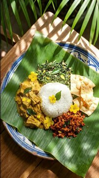 Traditional sri lankan rice and curry meal served on a banana leaf with jackfruit curry, coconut sambol, mallum, and crispy papadums