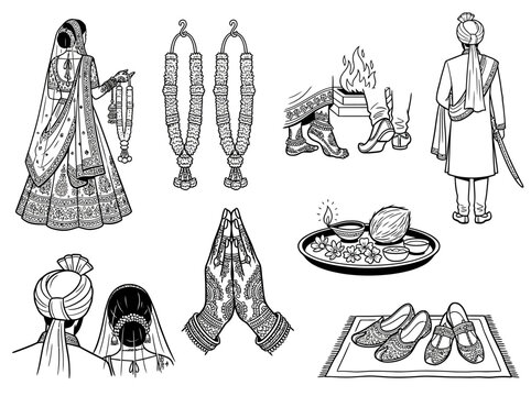 Indian wedding icons set featuring traditional bride groom attire rituals jewelry and festive ceremony decorative elements