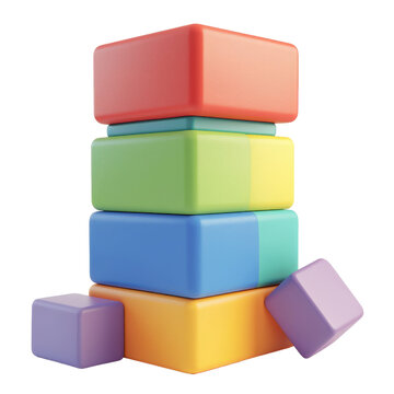 Stack of colorful plastic toy building blocks on a white background.