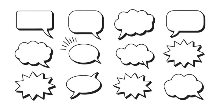 Collection of comic speech bubbles with thick outline style isolated on transparent background set.