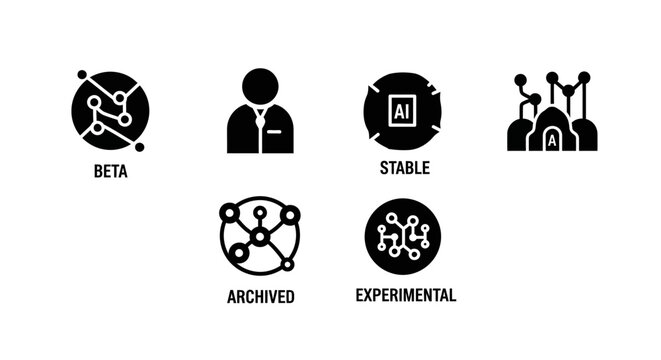 AI Technology Icons: Beta, Stable, Archived, Experimental, Network, Human