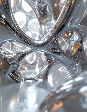 Abstract biomechanical sculpture with shiny chrome textures and organic fluid shapes, featuring complex metallic bone structures that twist in a surreal vertical portrait composition.