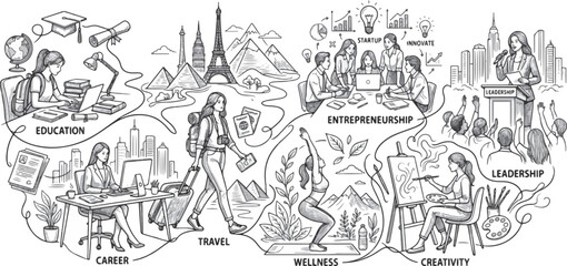 Obraz premium Illustration of a woman multitasking across career, travel, education, and creative life stages