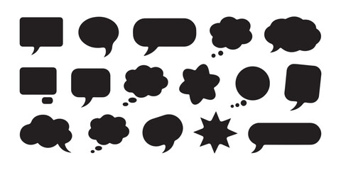 Collection of various solid speech and thought bubbles isolated on transparent background for chat.