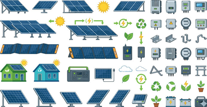 Solar Energy and Sustainable Green Power Vector Set Featuring Photovoltaic Panels, Eco Smart Homes, Power Inverters, Batteries, Charging Stations, and Renewable Electricity Elements