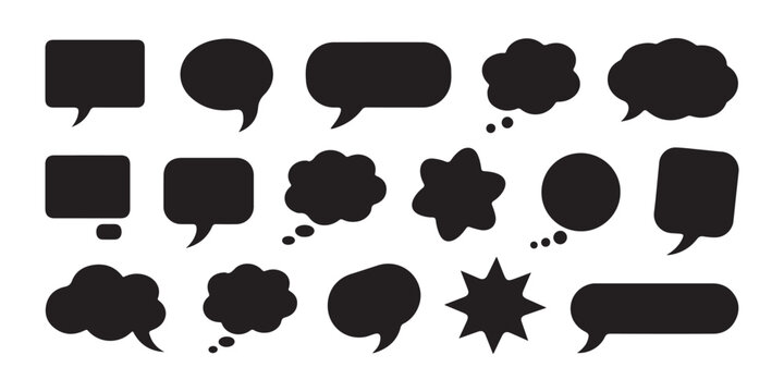 Collection of various solid speech and thought bubbles isolated on transparent background for chat.