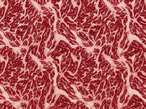 Raw beef steak texture, red meat with white marble vein, top view, studio background, seamless tile pattern