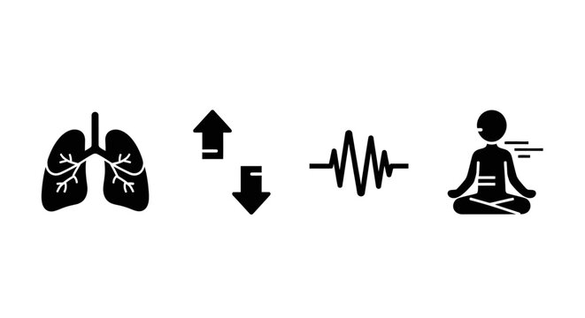 Breathing Exercise Icons: Lungs, Up/Down Arrows, Waveform, Meditating Person