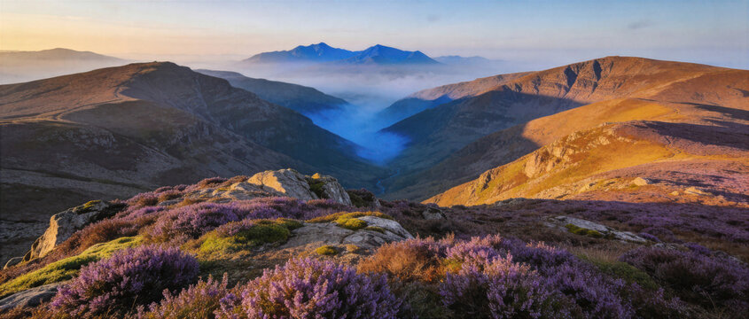 Scenic mountain ridge landscape with purple heather blooming at sunrise and low mist in glen