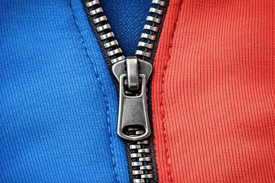 Close-up shot of a zipper on a blue and red jacket