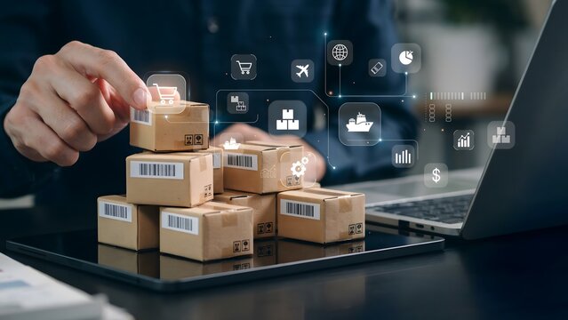 Close-up of a person arranging small delivery boxes stacked on a tablet device, with digital icons representing e-commerce and logistics overlaid
