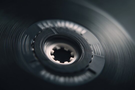 Audio cassette tape reel close up, magnetic tape and spindle, retro music old technology concept
