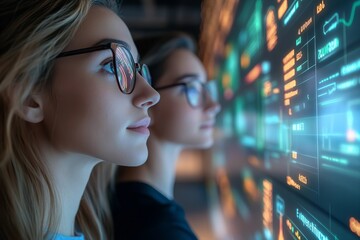 Fototapeta premium Young Couple in Modern Office Reviewing Digital Tax E-Invoice Software on Holographic Screens