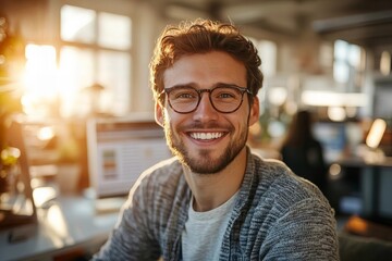 Fototapeta premium Portrait of a Happy Male Technical Writer in His Office, Surrounded by Technology and Content Creation Tools