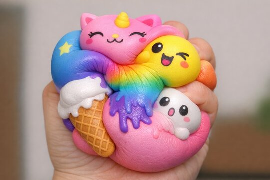A person's hand cradling a bundle of soft and cuddly squishy toys, suitable for use in lifestyle or product images