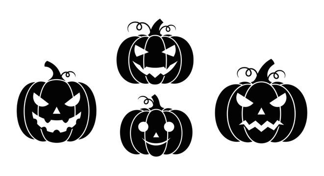 Four Black Halloween Pumpkins with Carved Faces on White Background