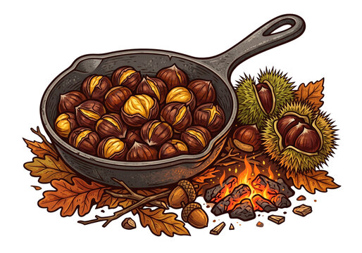 Roasted chestnuts in cast iron pan with autumn leaves and fire  